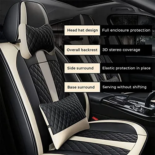 Front & Rear Seat Covers with Headrest Backrest Cushions for Chevy Chevrolet Bolt EV EUV Car Seat Cover Luxury PU Leather Comfortable Stylish Black×Beige