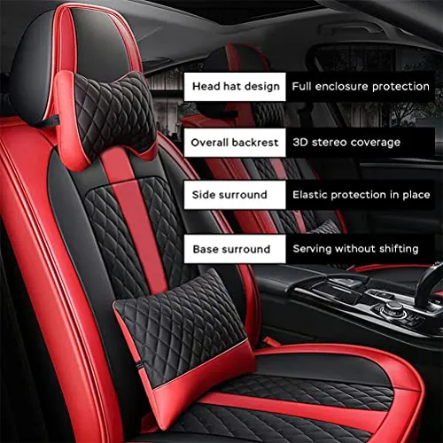 Front & Rear Seat Covers with Headrest Backrest Cushions for Chevy Chevrolet Bolt EV EUV Car Seat Cover Luxury PU Leather Comfortable Stylish Black×Red