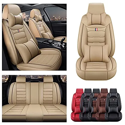 Front & Rear Seat Covers with Headrest Backrest Cushions for Chevy Chevrolet Bolt EV EUV Car Seat Cover Luxury PU Leather Comfortable Wear Resistant Beige