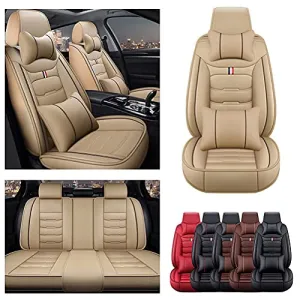 Front & Rear Seat Covers with Headrest Backrest Cushions for Chevy Chevrolet Bolt EV EUV Car Seat Cover Luxury PU Leather Comfortable Wear Resistant Beige