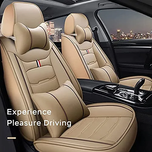Front & Rear Seat Covers with Headrest Backrest Cushions for Chevy Chevrolet Bolt EV EUV Car Seat Cover Luxury PU Leather Comfortable Wear Resistant Beige