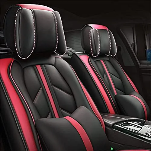 Front & Rear Seat Covers with Headrest Backrest Cushions for Chevy Chevrolet Bolt EV EUV Car Seat Cover Luxury PU Leather Sporty Breathable Comfortable Red×Black