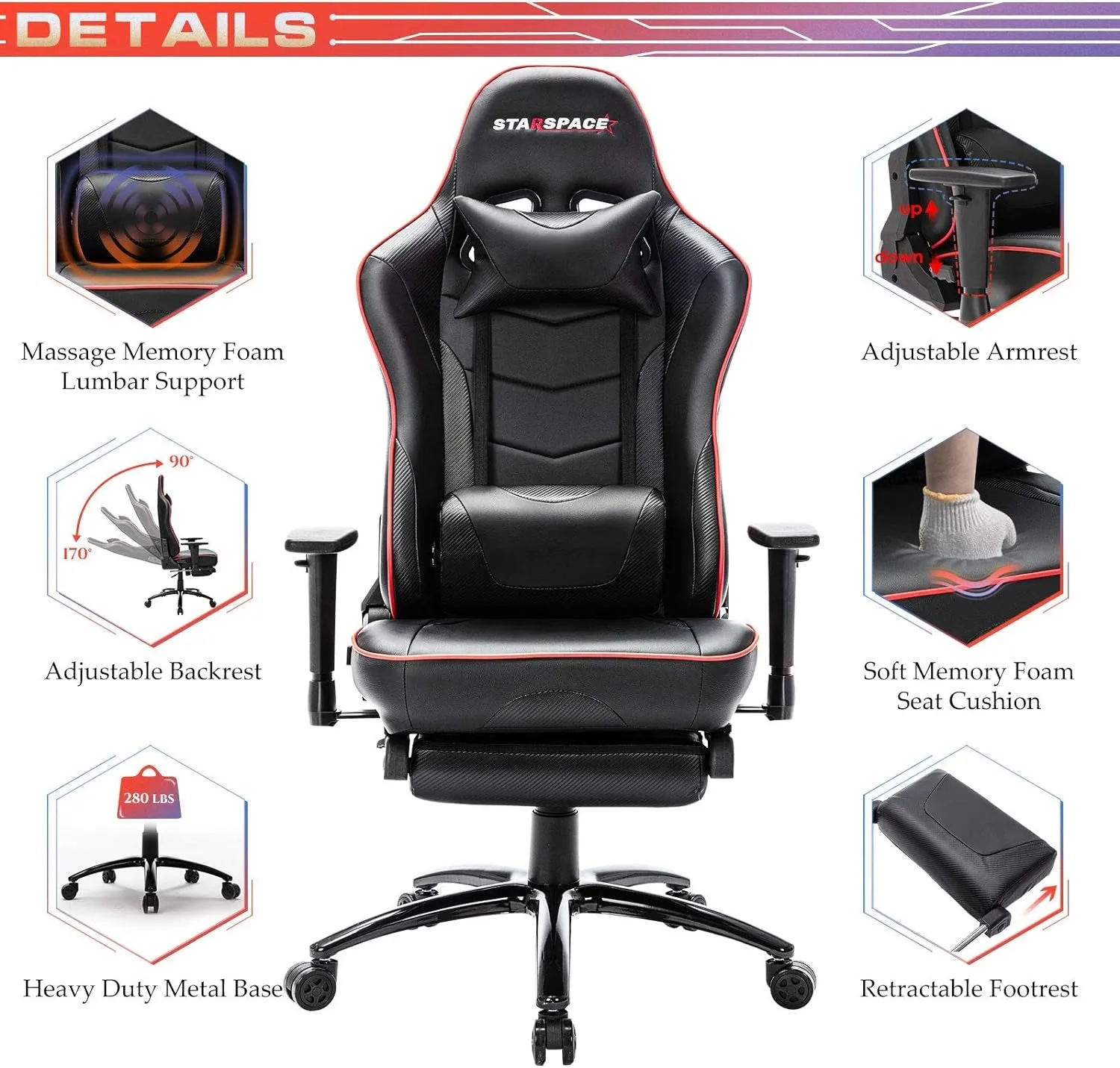 Gaming Chair Office Chair 300Lbs Massage Computer Chair Reclining Racing Chair with Headrest and Lumbar Support for Adults Teens Desk Chair (Black)