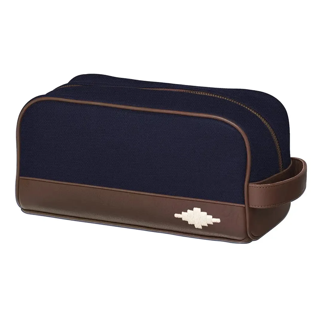 Hombre Washbag - Brown Leather & Navy Canvas w/Cream Stitching by Pampeano