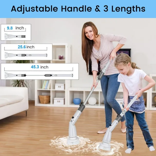 Musment Electric Spin Scrubber, Cordless Bath Tub Power Scrubber with Long Handle & 4 Replaceable Heads, Detachable as Short Handle, Shower Cleaning Brush Household Tools for Bathroom & Tile Floor