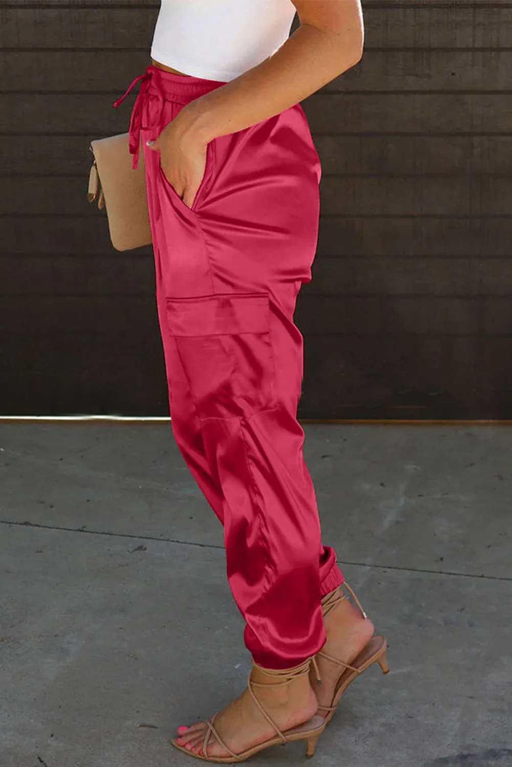 Satin Joggers with Pockets - Hot Pink