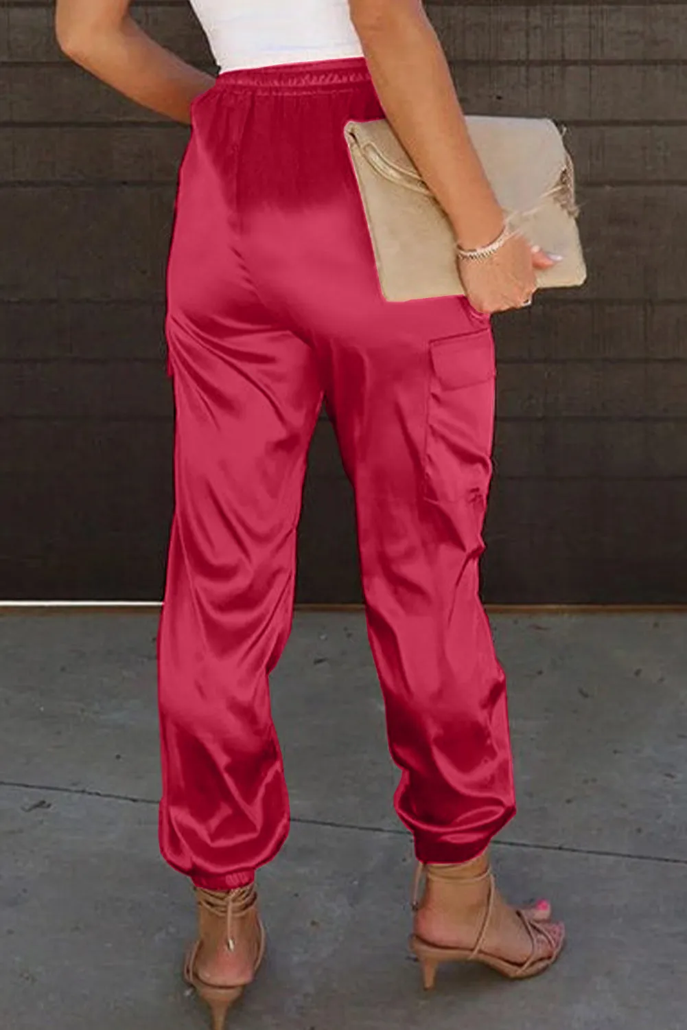 Satin Joggers with Pockets - Hot Pink