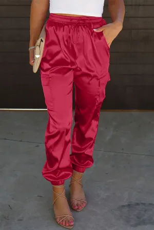 Satin Joggers with Pockets - Hot Pink