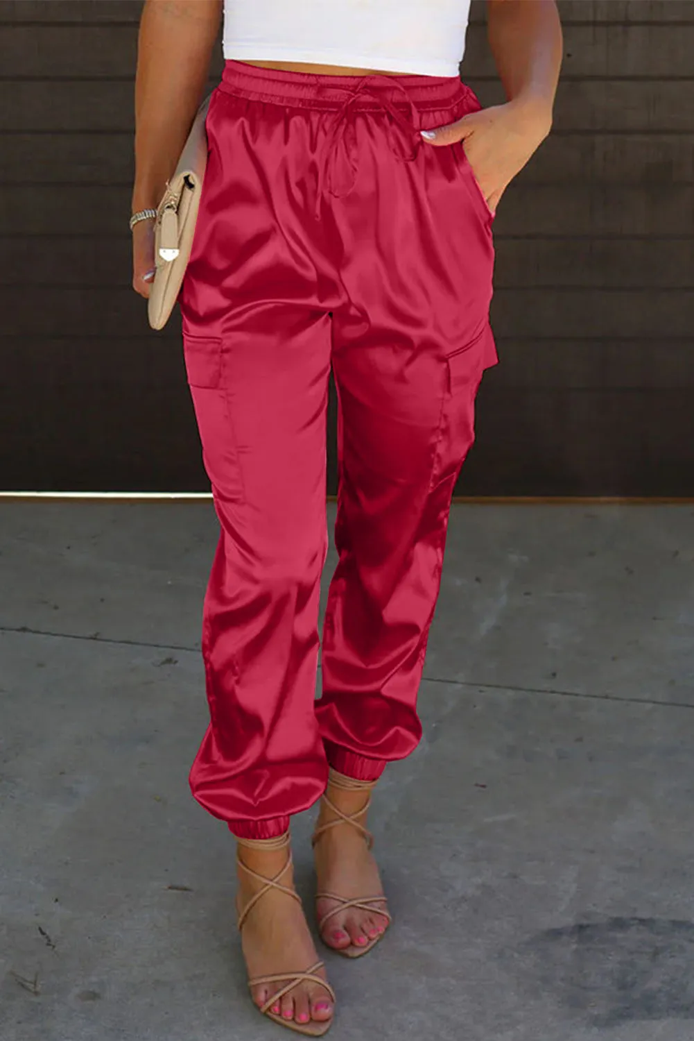 Satin Joggers with Pockets - Hot Pink