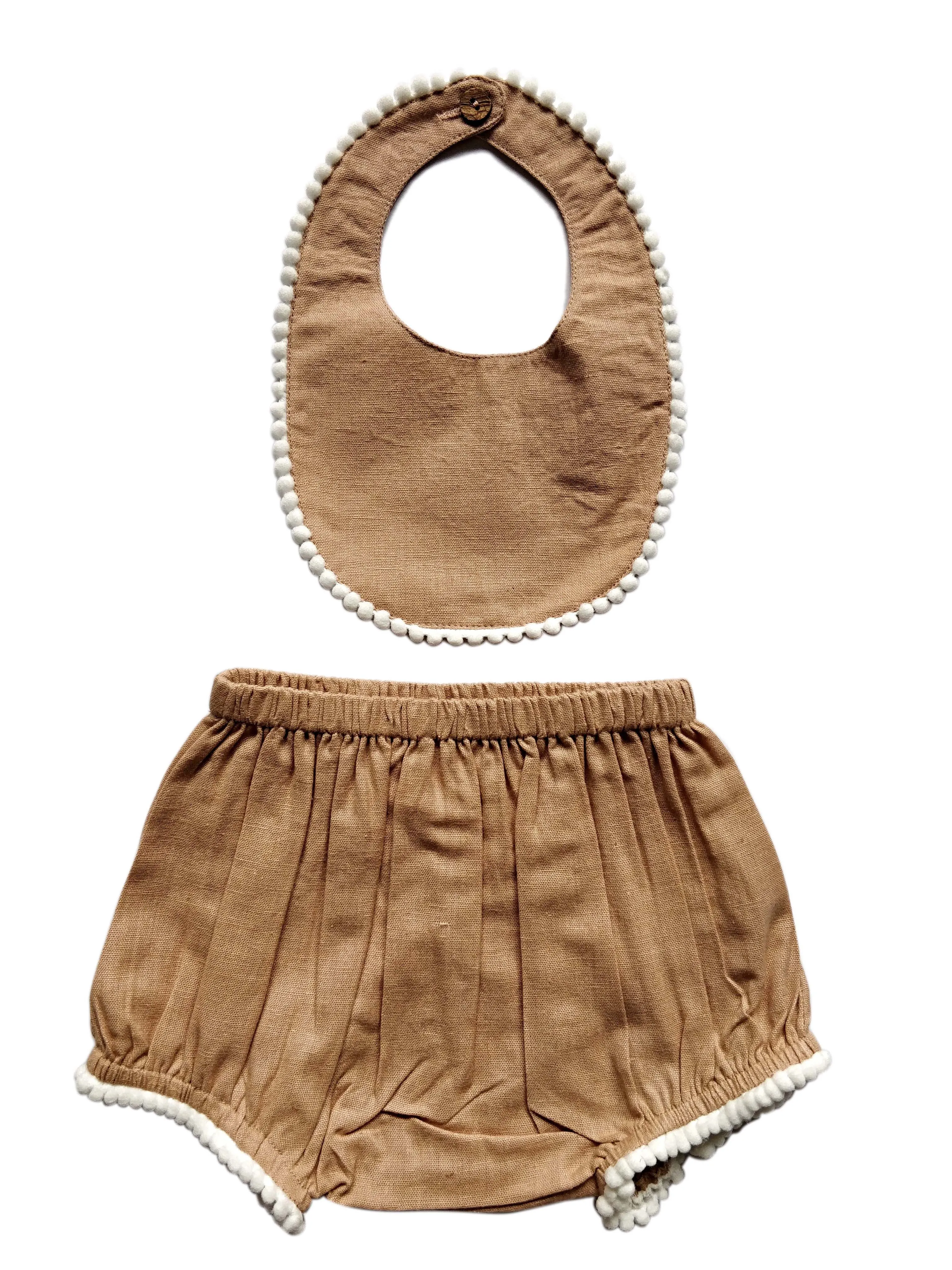 Set of 2 - Pom-Pom Lace Diaper Cover with Matching Bib in Blush