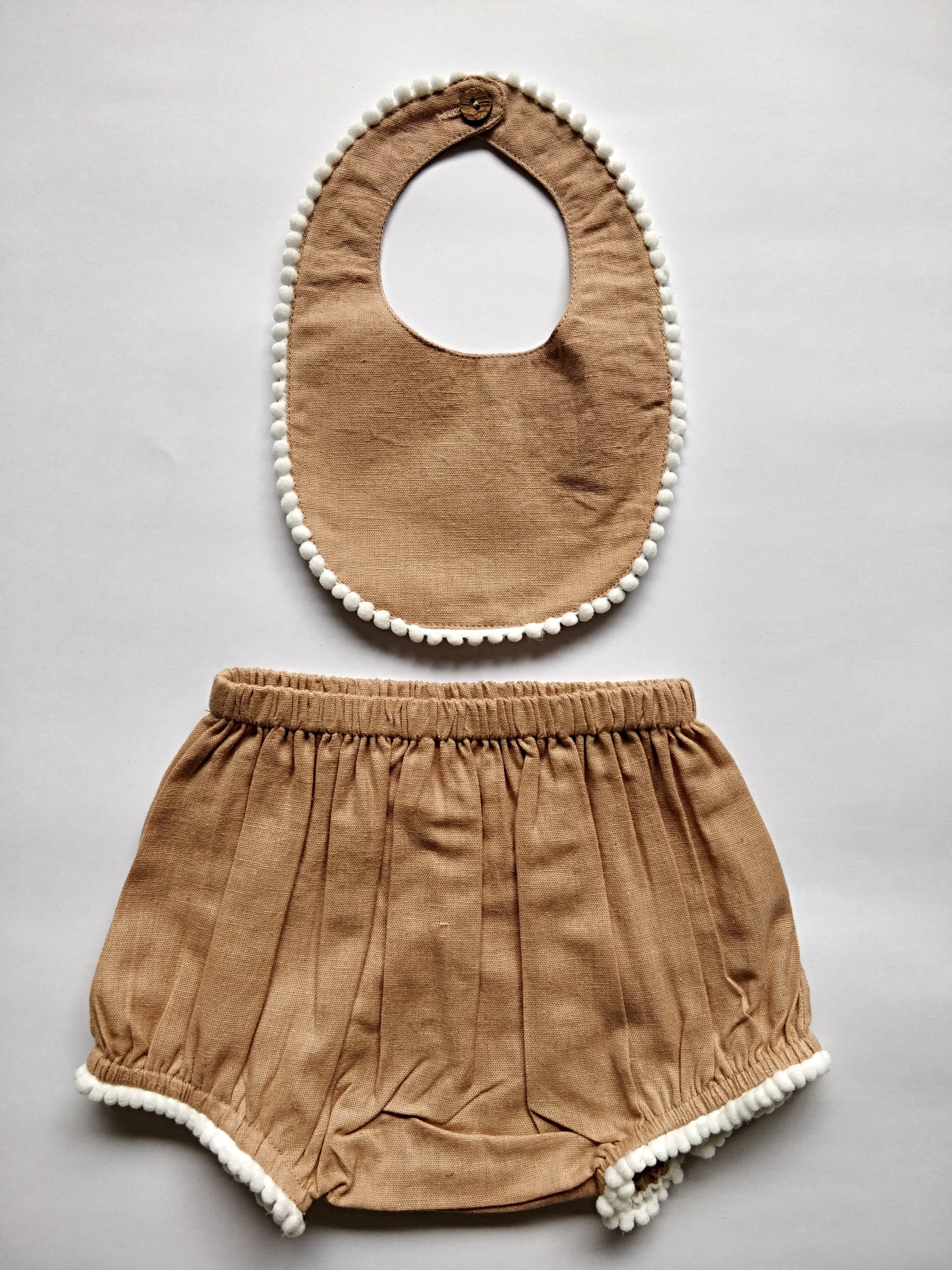 Set of 2 - Pom-Pom Lace Diaper Cover with Matching Bib in Blush