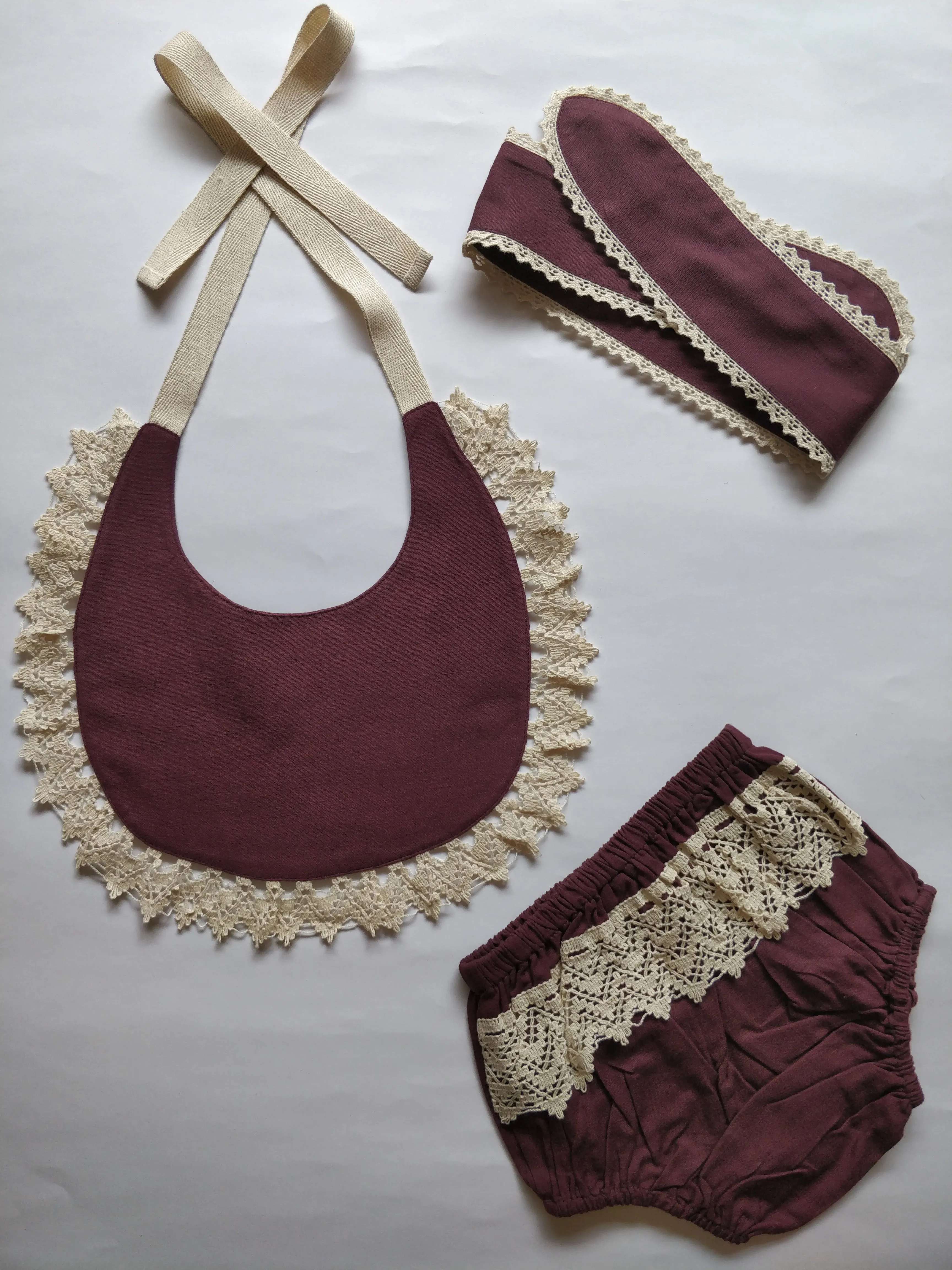 Set of 3 - Crochet Diaper Cover with Matching Bib & Headband in Burgundy