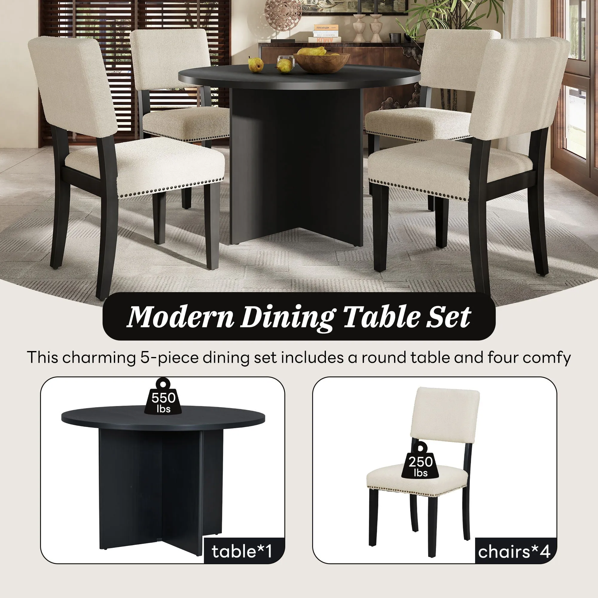 Topmax - 5 Piece Modern Round Dining Table Set Pedestal Kitchen Table Set With 4 Upholstered Dining Chairs For Studio, Apartment, Small Places